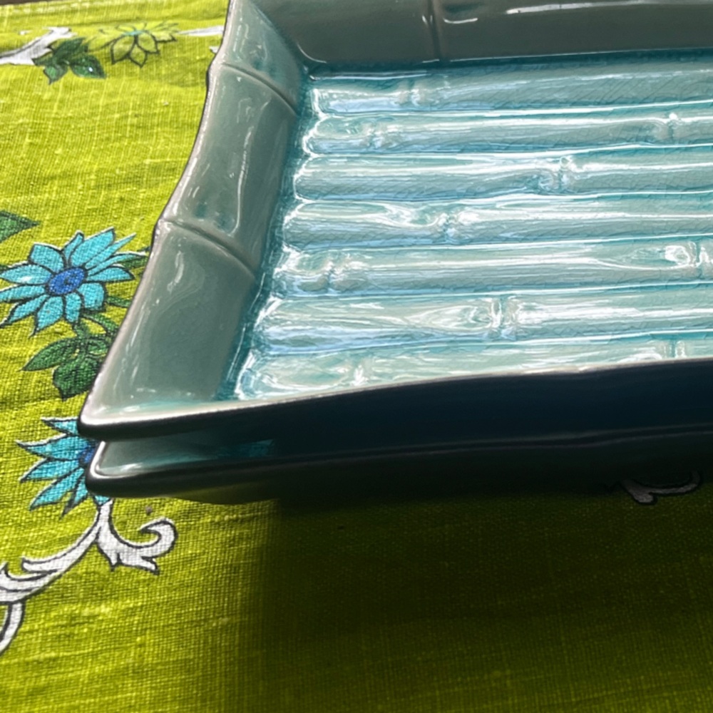 Blue Bamboo Patterned Sushi Plates Set of 2 | Crackle Glaze 9” x 6” - Picture 4 of 4